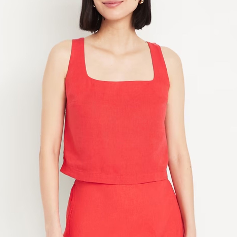 Old Navy Bright Coral Red Cropped Square-Neck Linen-Blend Top